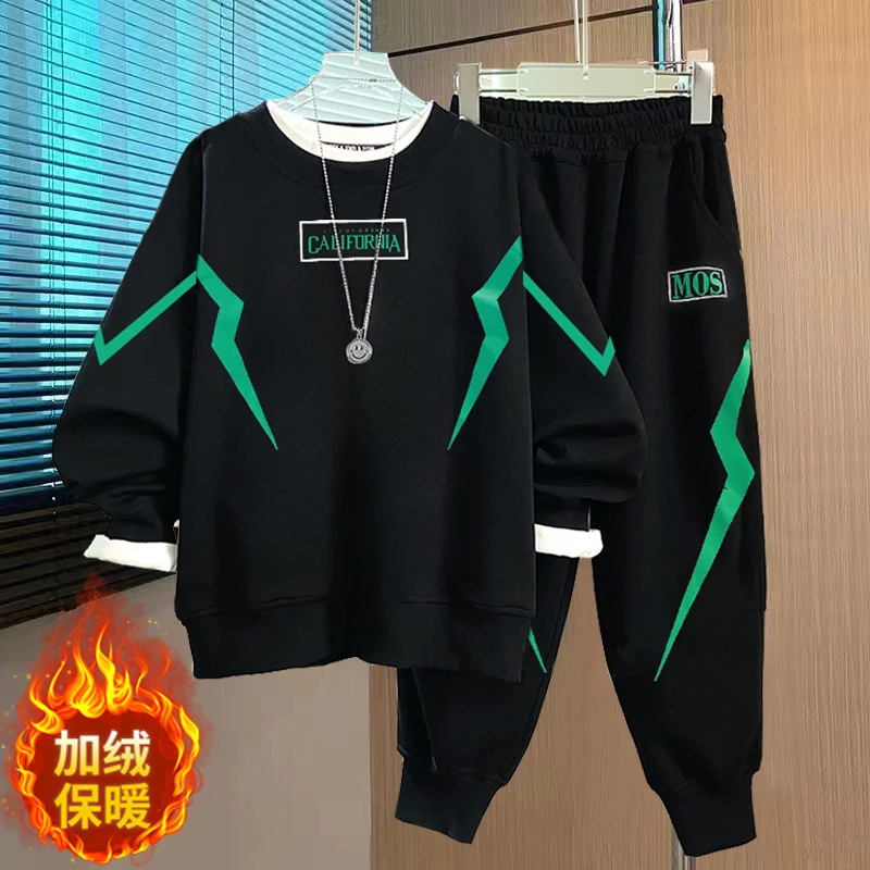 小胖墩胖男孩加绒卫衣套装中大童7-16岁加厚衣服两件套胖童秋冬装