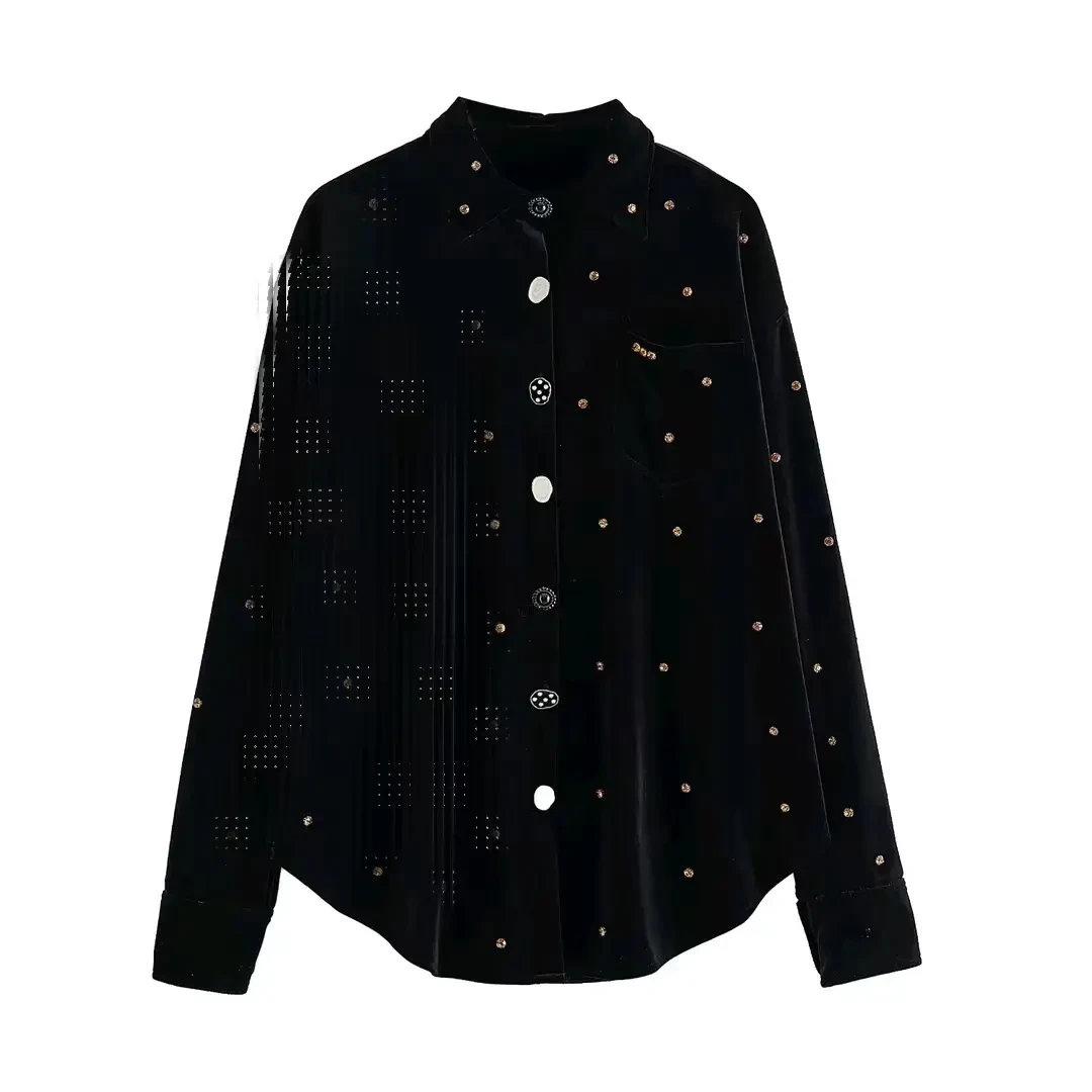 满天星镶钻纯色设计感单排扣翻领衬衫气质上衣休闲黑色长袖衬衣Z