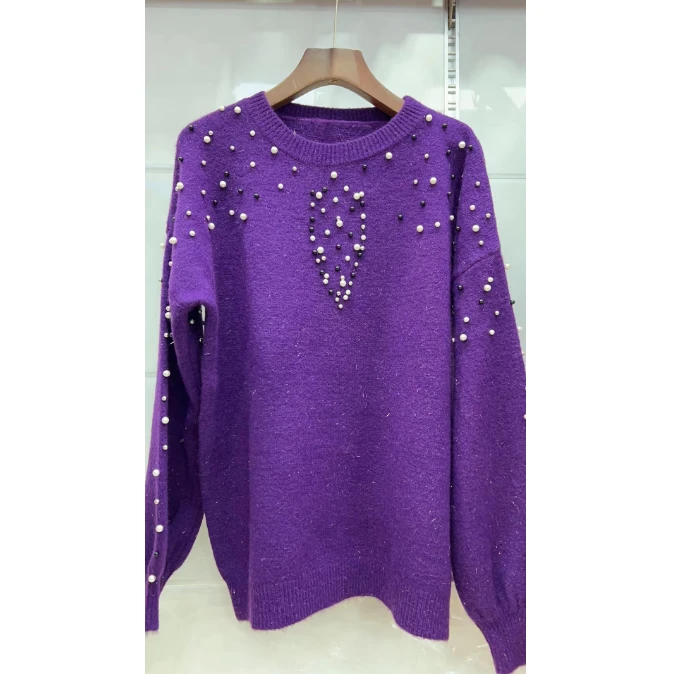 Z慵懒风圆领钉珠短款紫色针织衫毛衣欧洲站潮