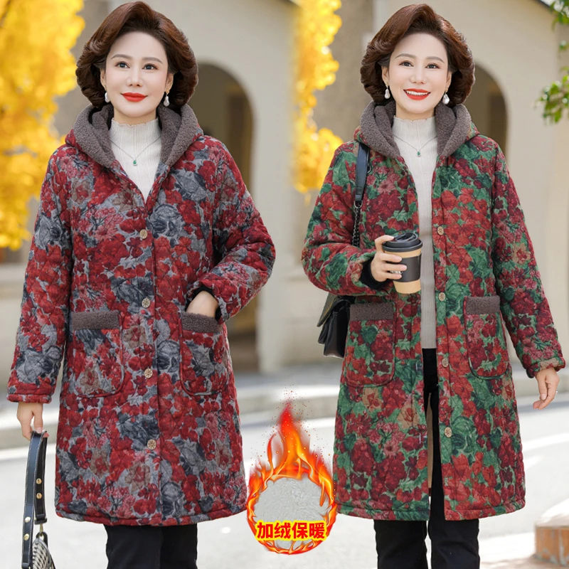 大码妈妈装中长款棉袄连帽花棉衣加绒加厚冬季保暖时尚中老年棉服