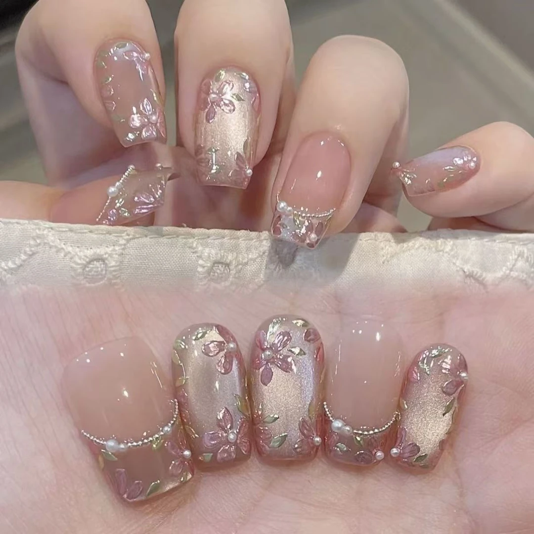 【金枝玉叶】繁花似锦光疗显白纯手工穿戴甲美甲贴片可拆卸