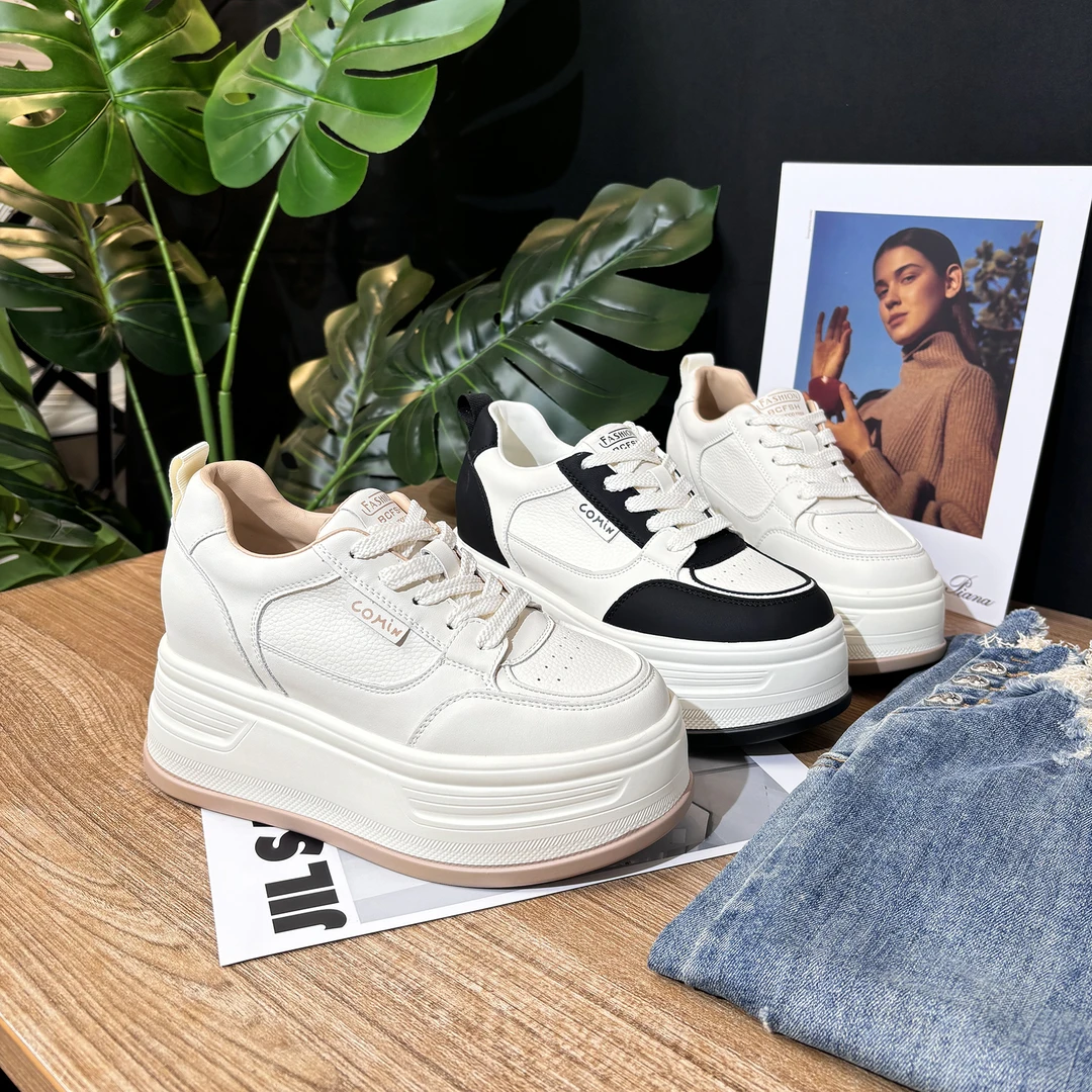 【增高8cm】2024秋季新小个子小白鞋显瘦时尚黑白拼色休闲鞋不累脚