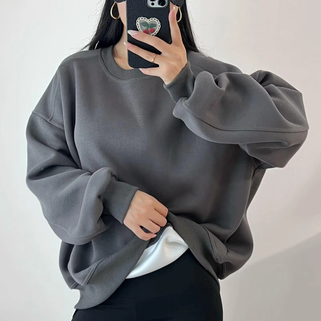 宽松圆领卫衣女加厚松垮外穿上衣街舞时尚懒惰风中长款纯色卫衣潮