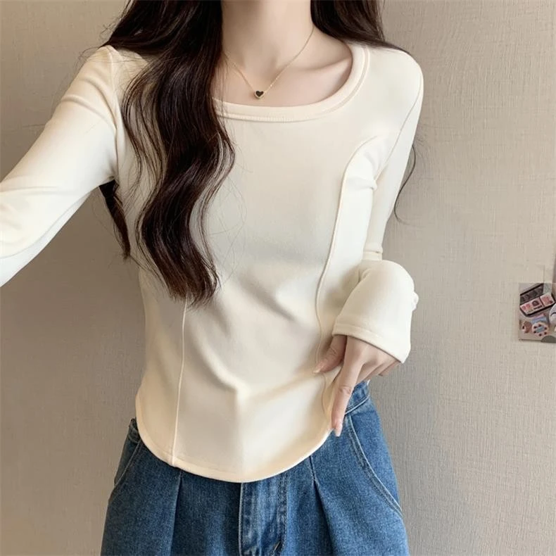 设计感德绒加厚长袖T恤女内搭方领辣妹百搭打底小衫纯欲鱼骨上衣