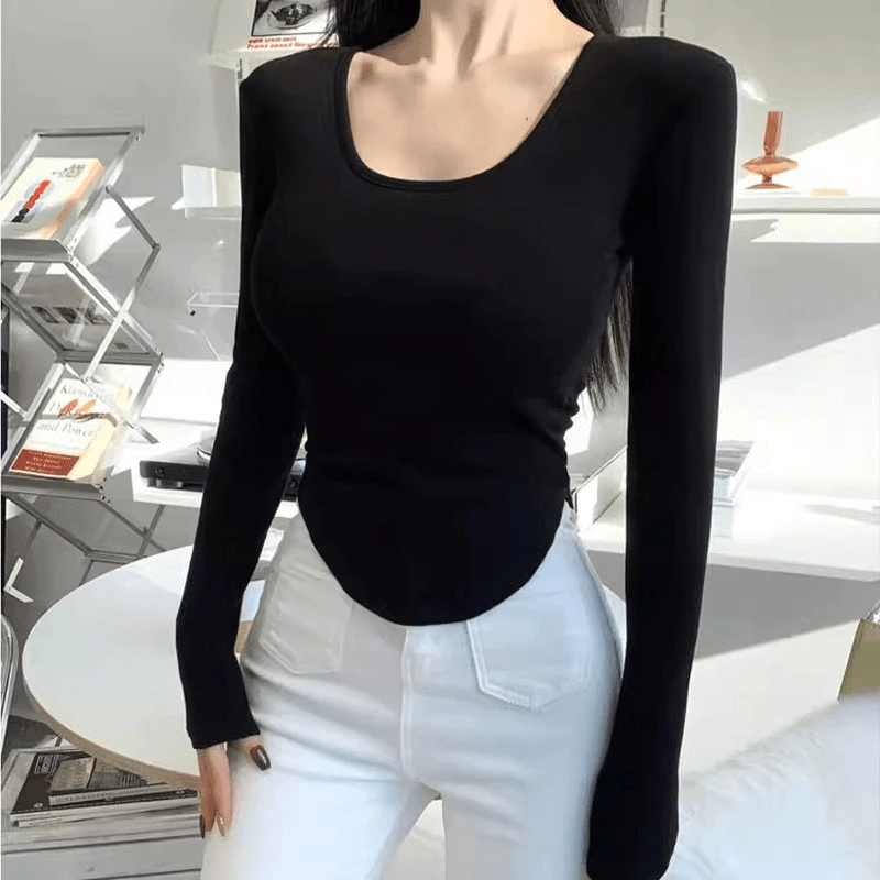 白色U领打底衫女2024秋季新款弧形下摆纯欲风显瘦内搭长袖T恤上衣