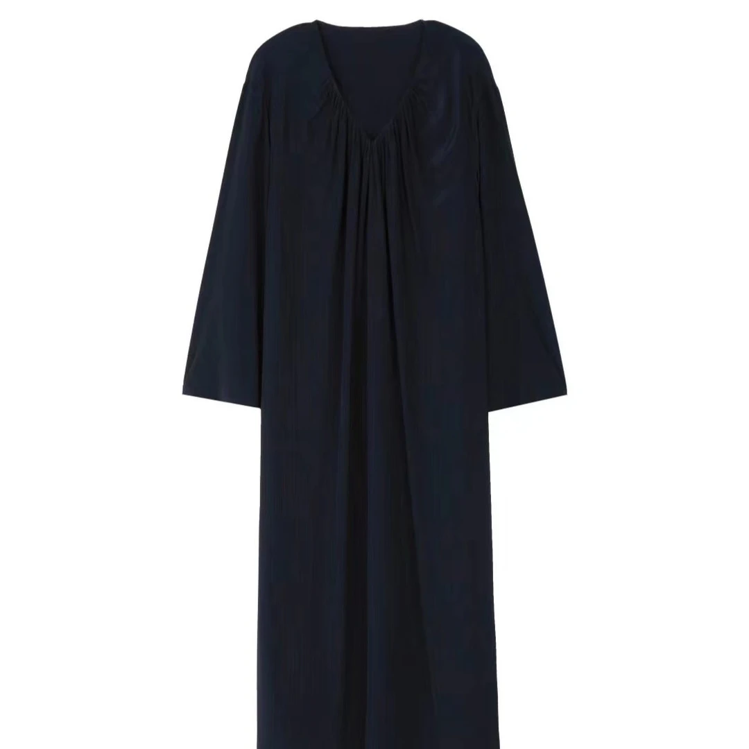 R风V领褶皱极简显瘦时尚大气重磅桑蚕丝连衣裙