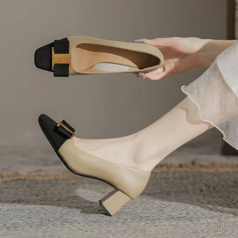 小香风羊皮粗跟单鞋女气质浅口真皮时尚优雅仙女风方口粗跟高跟鞋