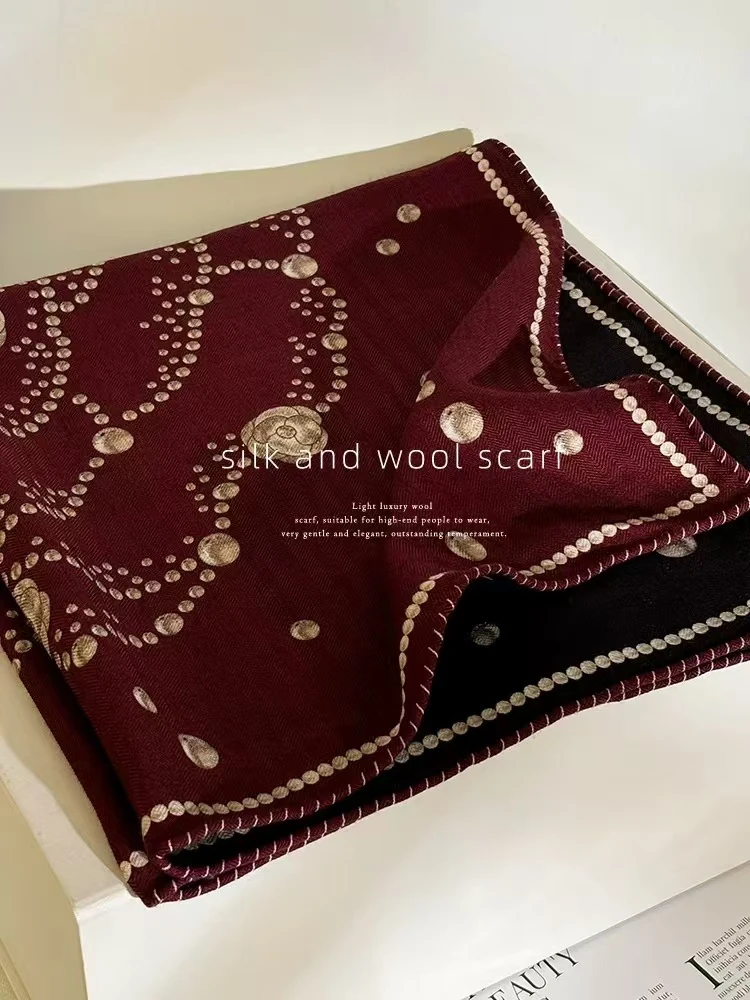 桑蚕丝羊毛【珠宝山茶】60丝毛方巾双面印花手工卷边丝巾K751