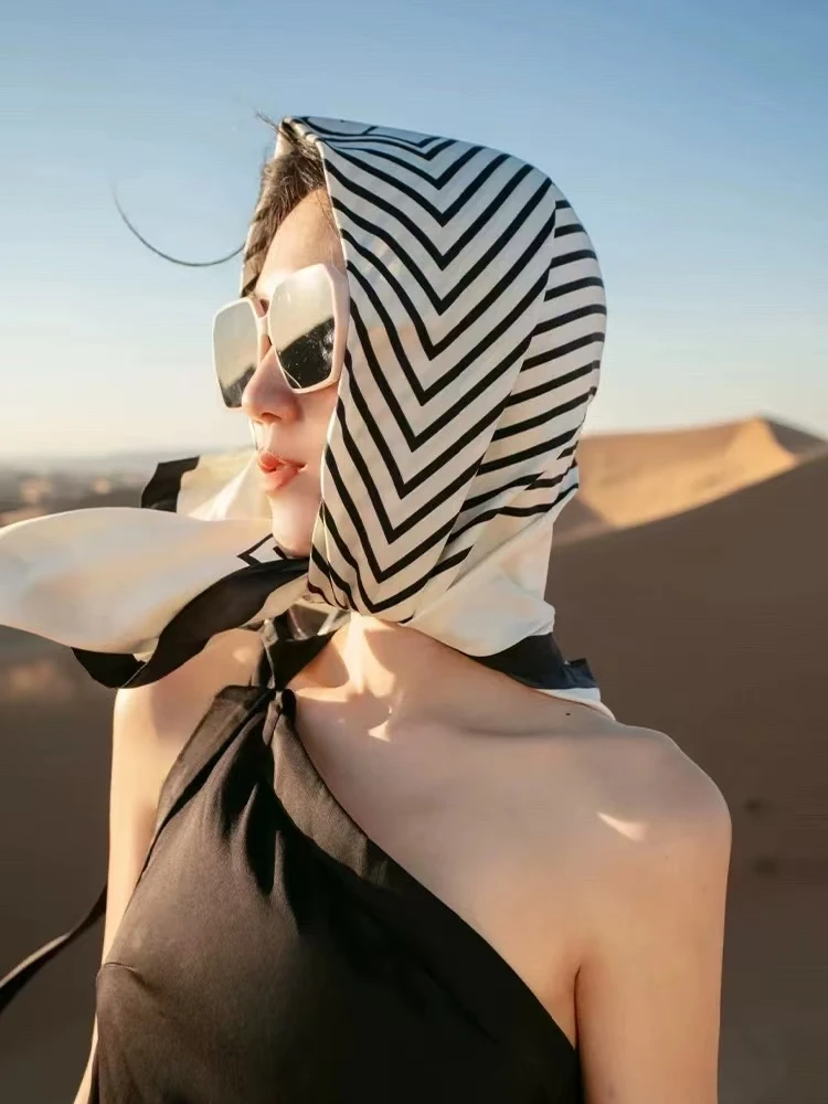 100%桑蚕丝【88黑米条纹】88大方巾单面真丝丝巾时尚女士气质C103