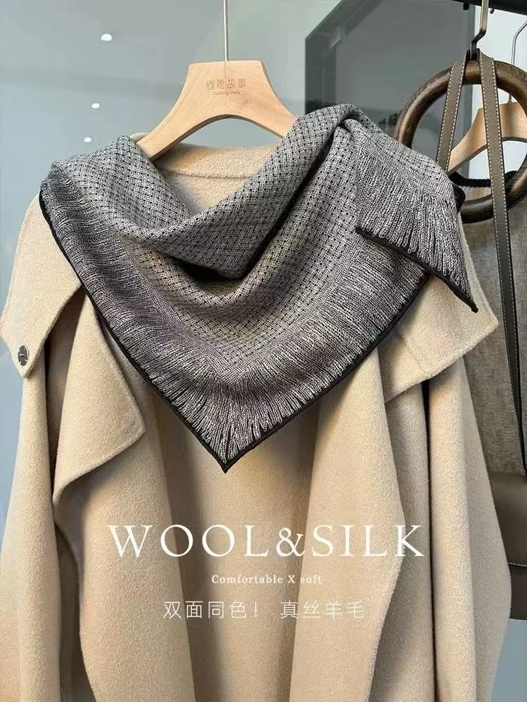 桑蚕丝羊毛【轻奢小香】60丝毛方巾双面同色百搭丝巾K647