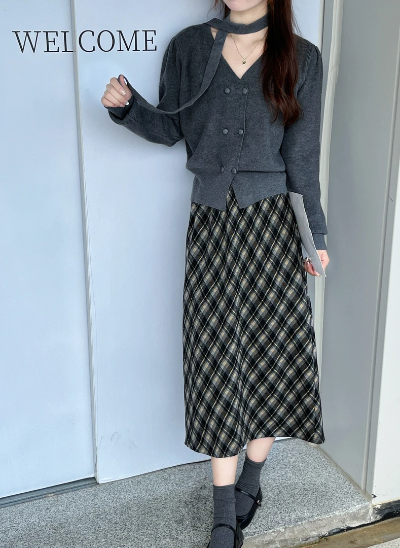 秋装新款套装二件套小香风显瘦气质针织高腰千鸟格毛呢长款秋冬
