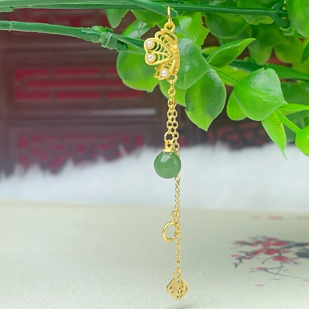 【萌宝饰品】B101和田碧玉蝴蝶流苏吊坠配饰简约时DIY百搭配件规格