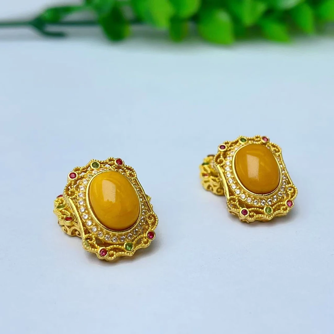 【萌宝饰品】B783天然蜜蜡蛋面镶嵌钻通孔款DIY约16*12mm多样性发一