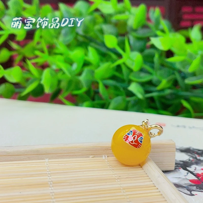 萌宝饰品】黄玛瑙大圆珠吊坠款带老虎贴片约14mmDIY配件项链坠