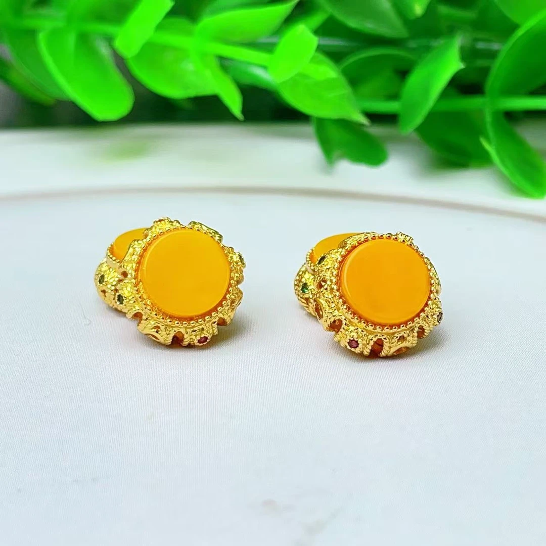 【萌宝饰品】B697 天然蜜蜡圆形蛋面鸡油黄DIY配件12*6mm多样性发一