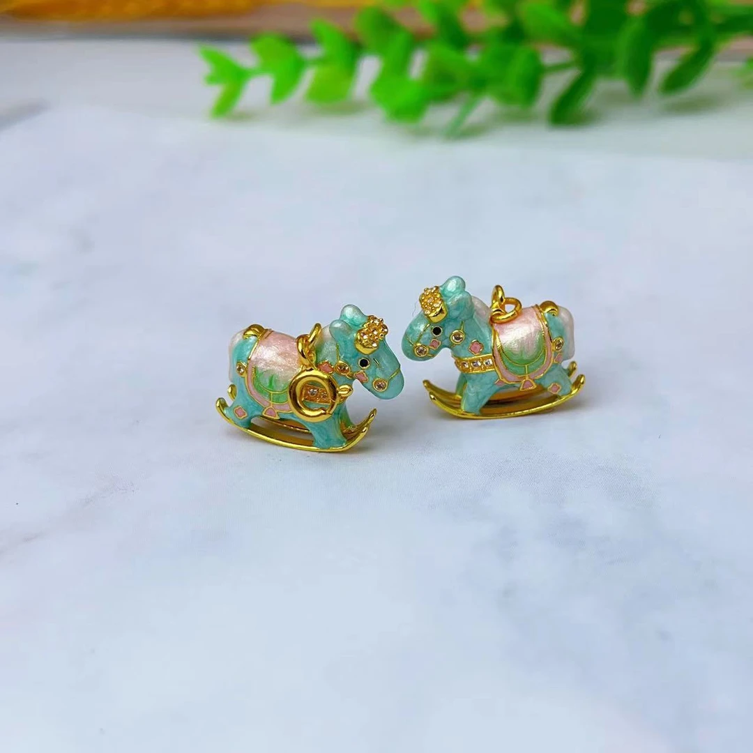 925银珐琅银制品 【萌宝饰品】B928  925银烧蓝滴油木马滴流18*13mm