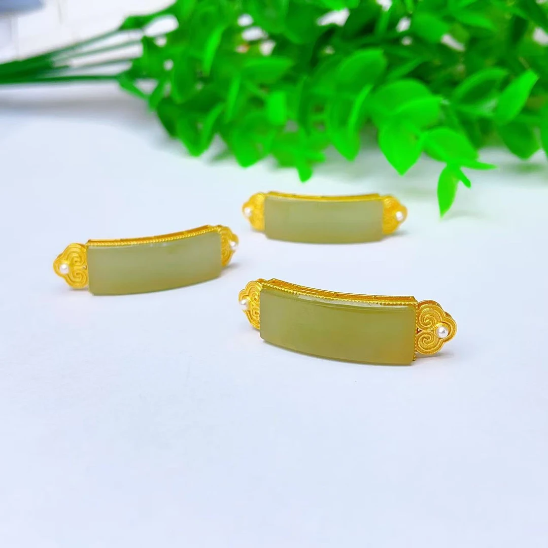 【萌宝饰品】B134天然和田玉晴水手牌如意珍珠弯管方牌DIY 34.8*9mm