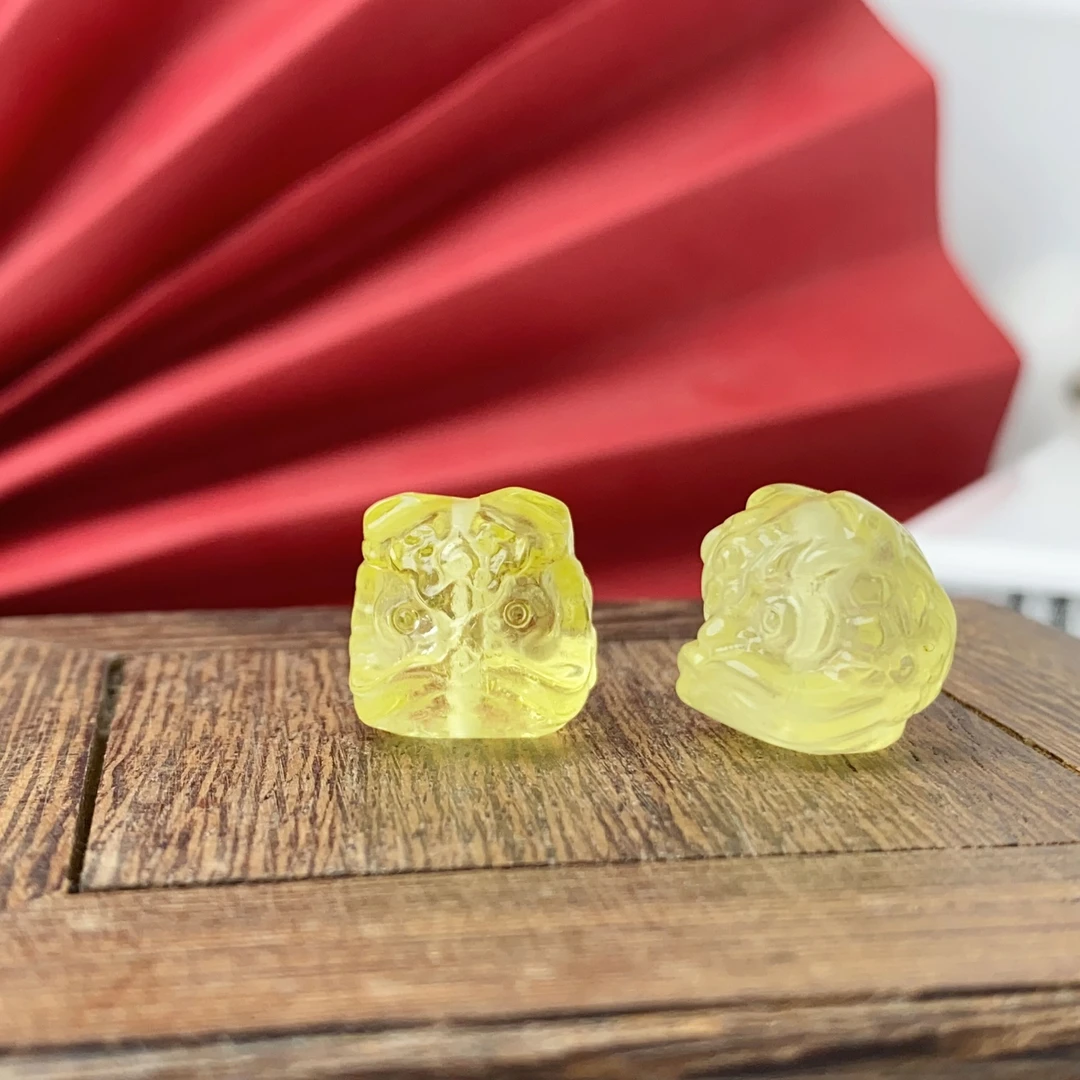 【萌宝饰品】A358 黄水晶醒狮晶透体精工雕刻通孔DIY手串配件约15mm