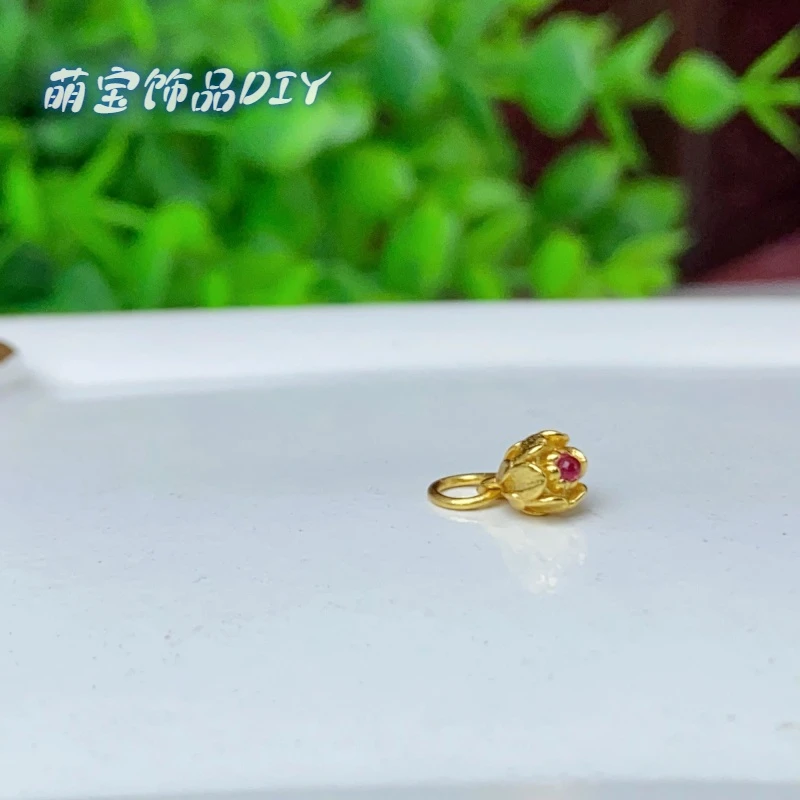 吊坠925银 【萌宝饰品】B470金色实心莲心带红宝滴流4.7*7.5mm配件