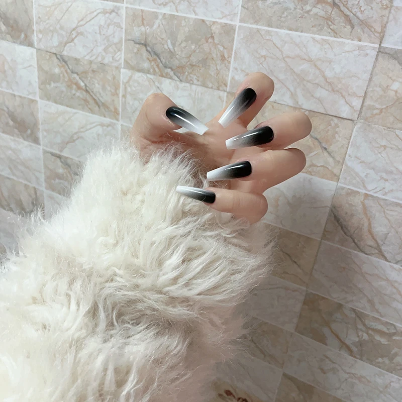 辣妹黑白渐变长t纯手工穿戴甲可拆卸美甲贴片