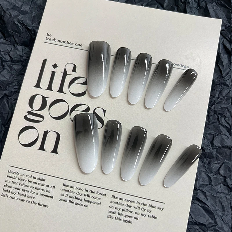 酷girl必备黑白长椭圆渐变晕染纯手工穿戴甲可拆卸美甲贴片