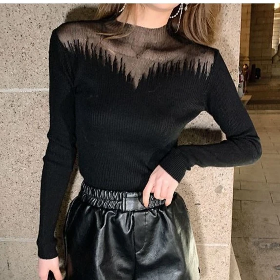 高级感网纱高领针织衫长袖高档性感透明领外穿打底衫毛衣内搭上衣