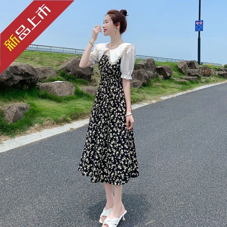 娃娃领碎花连衣裙女2023夏季新款时尚气质收腰显瘦拼接感法式裙子