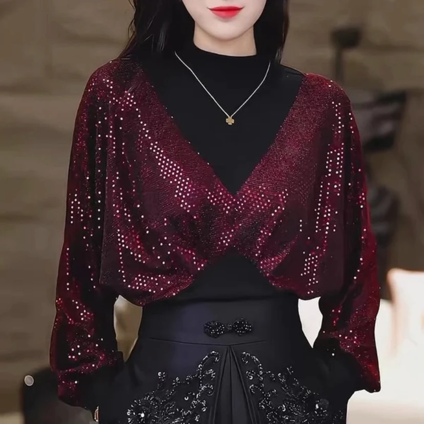 时尚设计感重工亮片气质半高领打底衫假两件显瘦秋冬新款潮流上衣