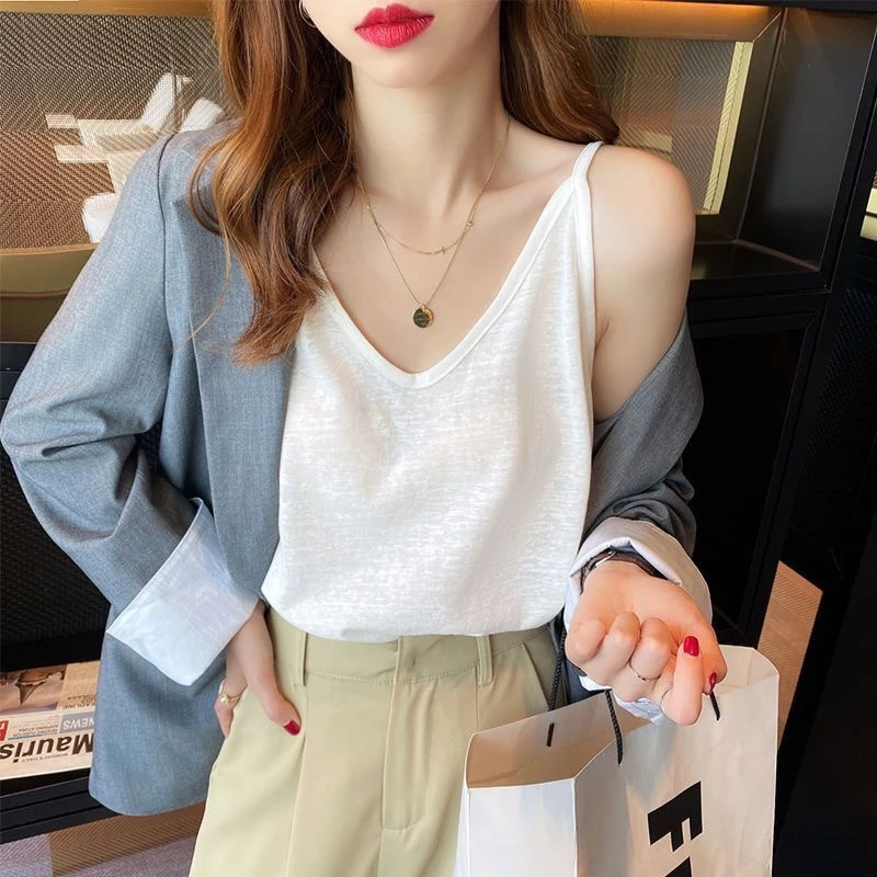 冰丝v领吊带背心女夏季内搭打底遮副乳白色宽松外穿薄款上衣显瘦