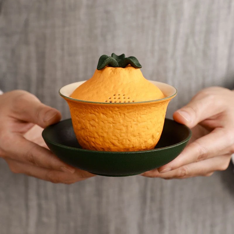 创意橘子三才盖碗大吉大利粗陶陶瓷茶碗单个丑橘泡茶家用功夫茶具