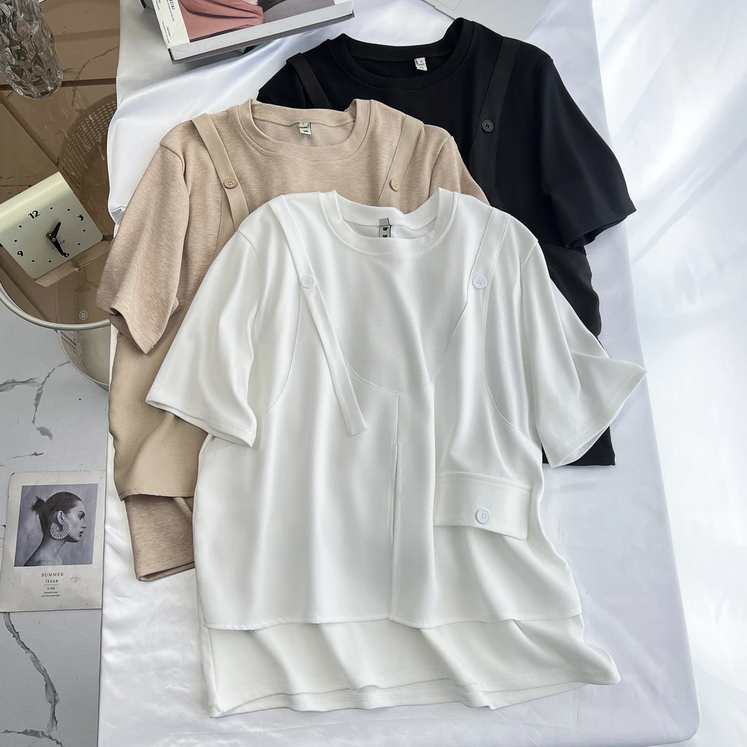 200斤胖妹妹夏季大码女装时尚显瘦针织拼接假两件短袖休闲T恤上衣