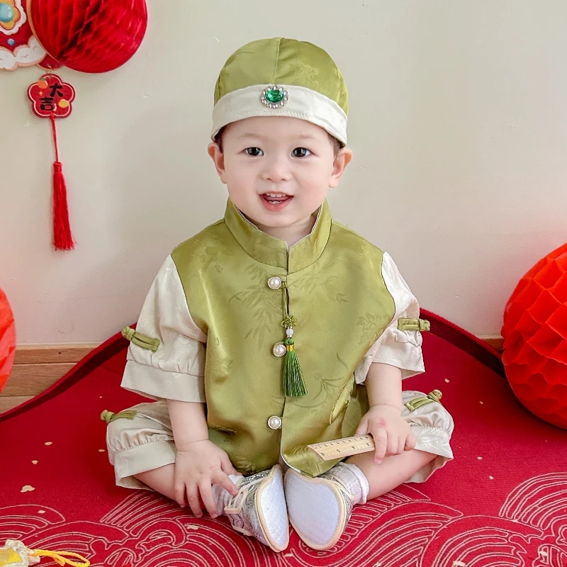 周岁礼服夏季宝宝生日宴百天周岁礼服中国风儿童唐装宝宝抓周冠衣