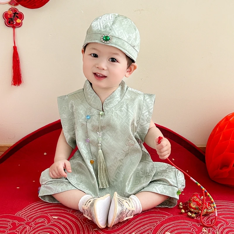男女童夏季中国风宝宝周岁礼服薄款中式复古生日宴百天宴抓周冠衣
