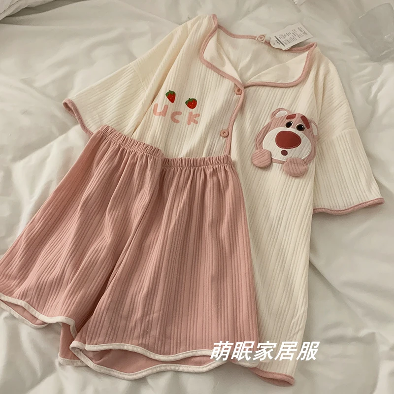 ins夏季新款睡衣女薄款短袖棉质卡通草莓熊夏天网红风学生家居服