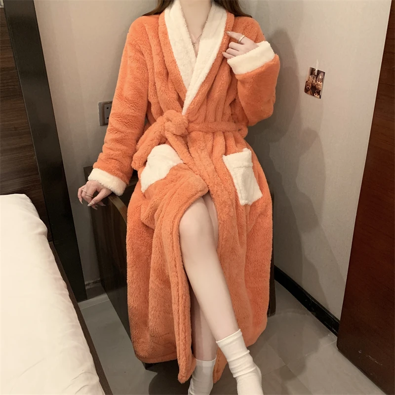 春秋冬季睡袍女加厚加绒珊瑚绒浴袍长款睡衣法兰绒家居服晨袍浴衣