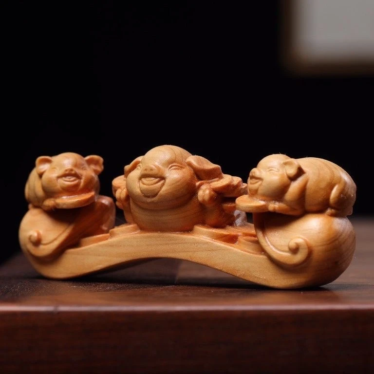 太行崖柏木雕如意摆件诸事如意三只小猪如意手把件木制工艺品文玩