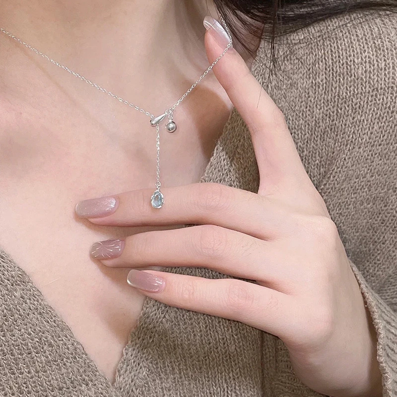 铜合金合成锆石项链 一滴泪蓝色锆石项链可调节小清新甜美锁骨链
