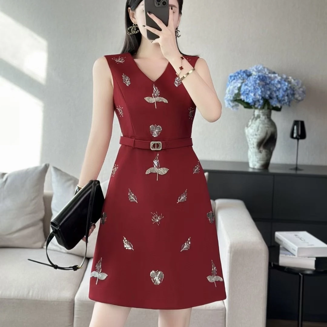 彬彬严选秋冬新款无袖重工钉珠轻奢配腰带显瘦背心裙5788