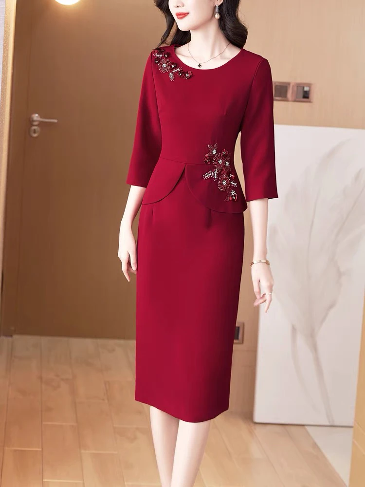 彬彬严选重工钉珠婚宴高端定制假两件套显瘦优雅连衣裙1759