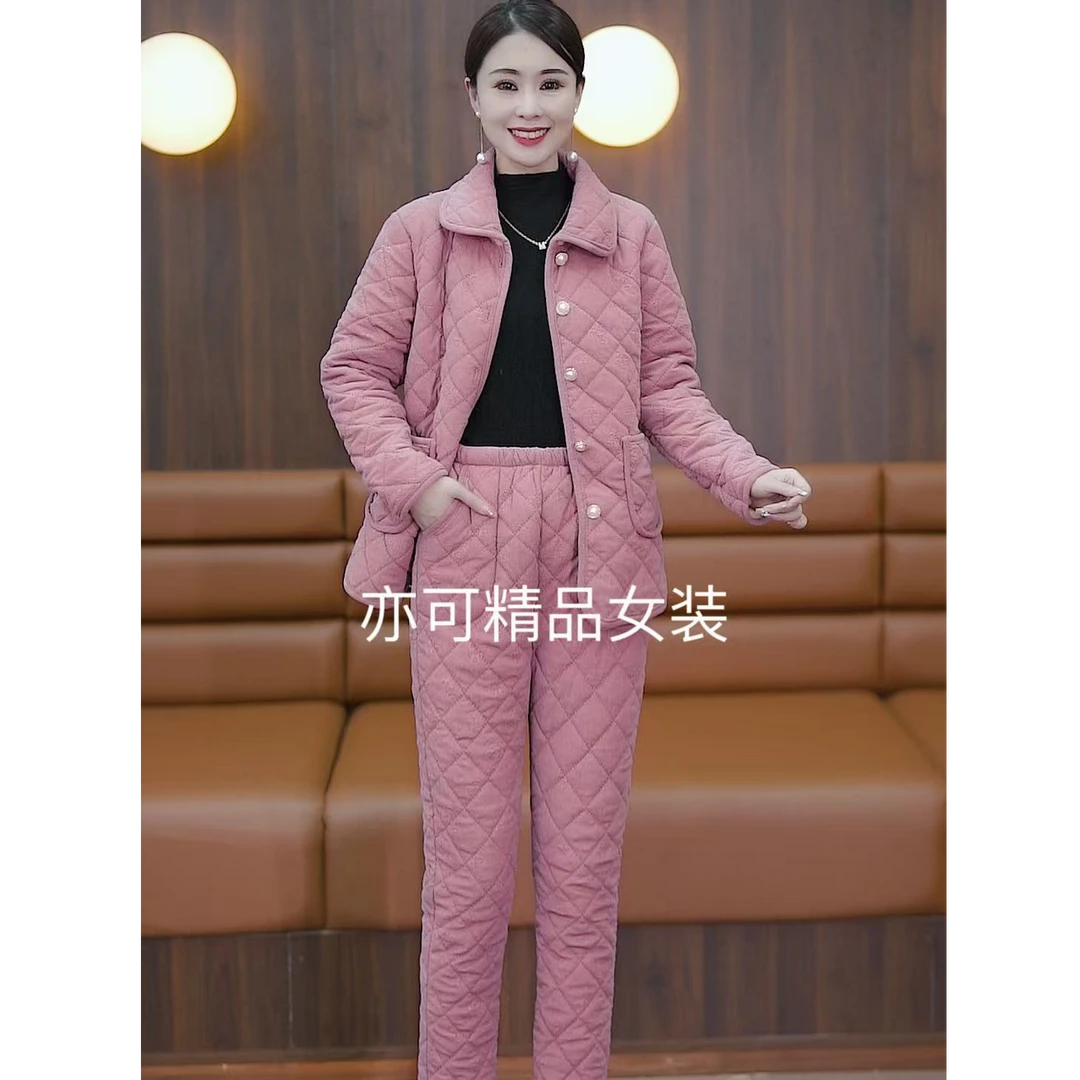 妈妈棉衣棉裤两件套秋冬新款中老年加绒加厚居家服时尚保暖套装女