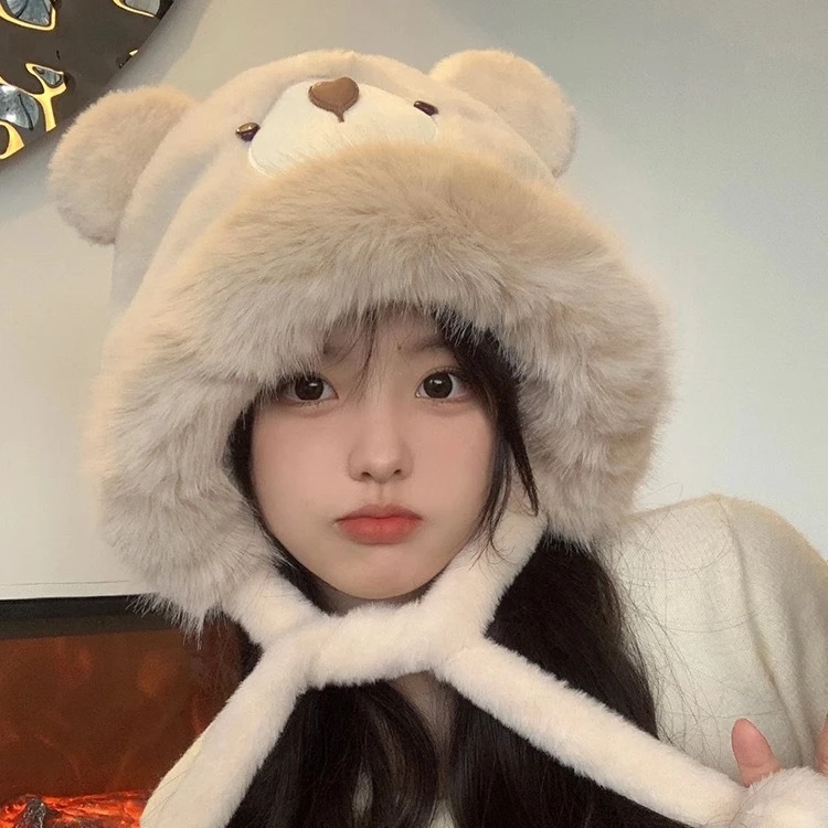 秋冬季卡通可爱小熊耳朵显脸小毛茸茸冬天女户外保暖护耳套头帽