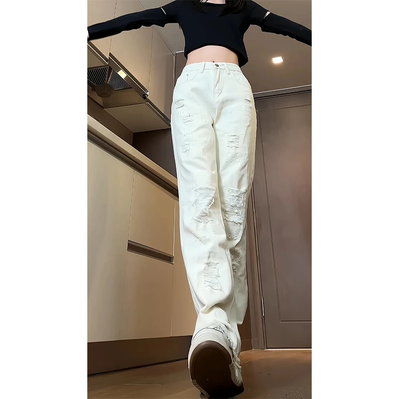 白色破洞毛边牛仔裤男款美式复古潮牌vibe风高街显瘦修身水洗裤子