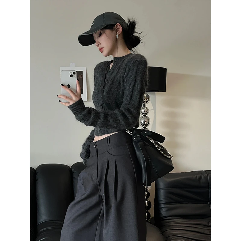 2025美式复古修身显瘦超好看麻花圆领长袖针织高腰小众休闲阔腿裤