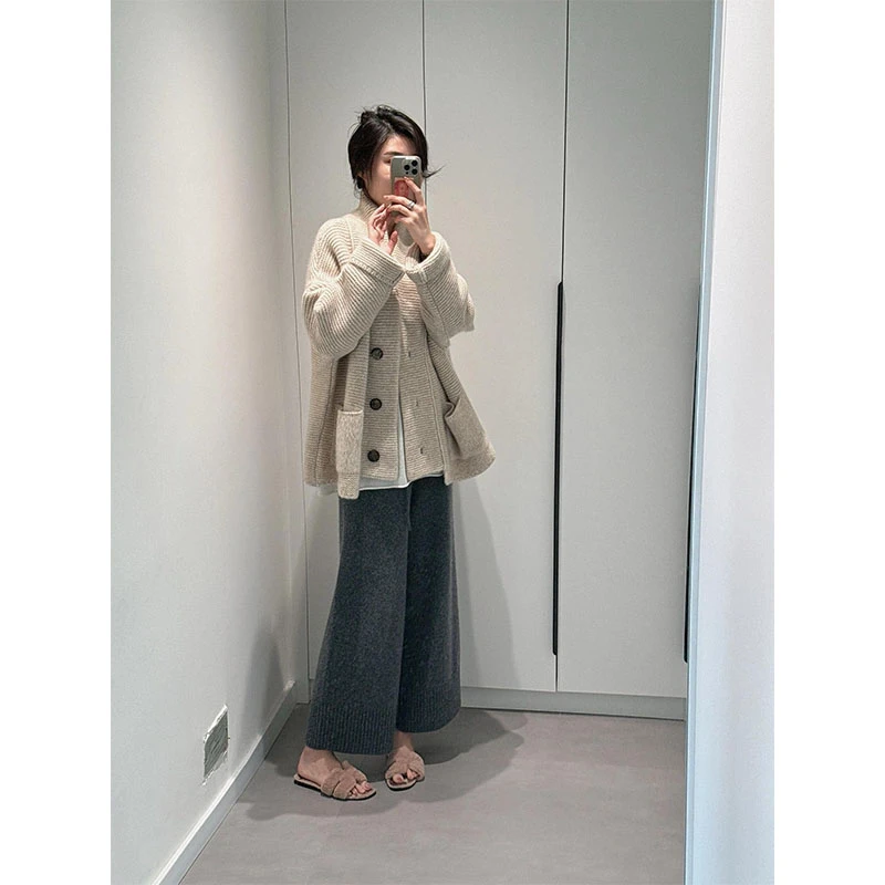 秋季新款简约通勤风气质宽松长袖针织开衫外套高腰显瘦直筒阔腿裤