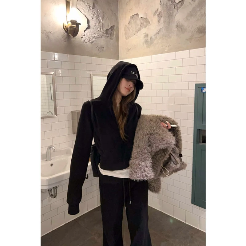 秋冬新款简约慵懒风连帽短款长袖外套高腰显瘦直筒阔腿裤两件套女