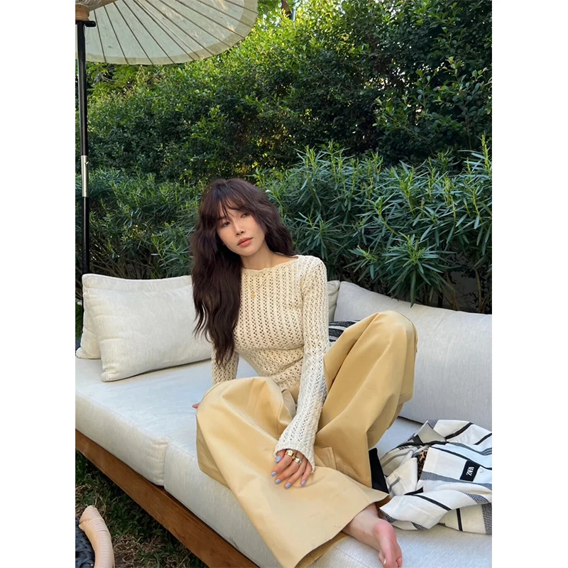2025新款露背镂空针织衫女设计感慵懒复古长袖上衣休闲高腰阔腿裤
