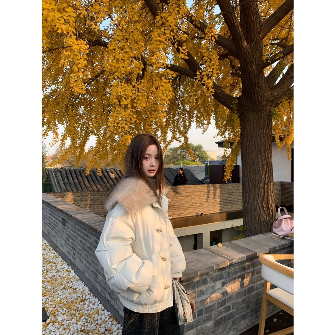 秋季韩系慵懒风设计感大翻毛领保暖棉服外套小个子短款百搭上衣女