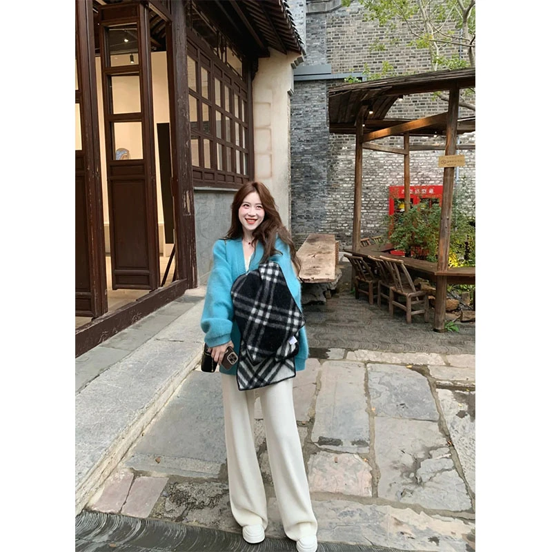 2024秋冬新款轻熟风气质软糯宽松长袖毛衣开衫高腰直筒百搭长裤女