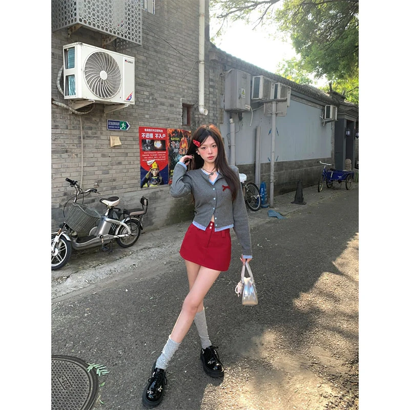 2024秋季新款韩系学院风假两件设计感针织开衫高腰直筒显瘦半身裙