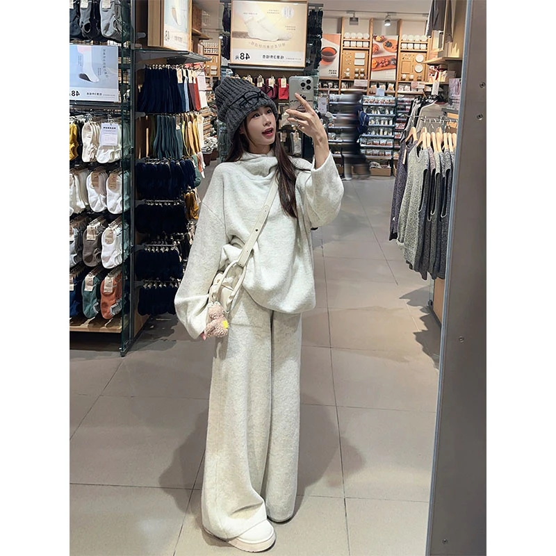2024秋季新款慵懒风软糯堆堆领连帽长袖卫衣高腰显瘦休闲阔腿长裤